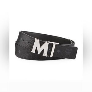 NEW MCM Claus Reversible Visetos/Saffiano Belt Black w Silver Buckle & Dust bag